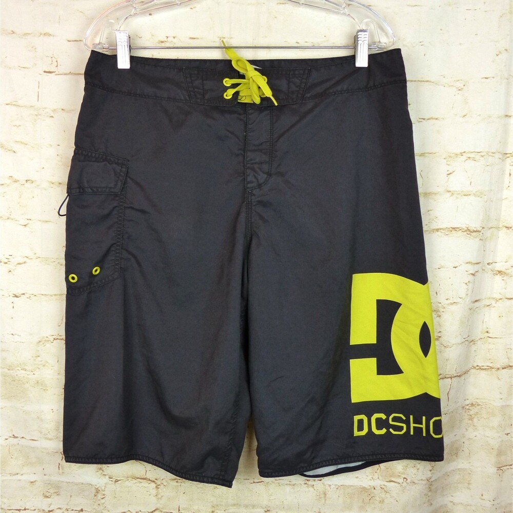 DC Shoes Y2K Board Shorts Mens 34 Black Yellow Logo Surf Swim Skate 11”